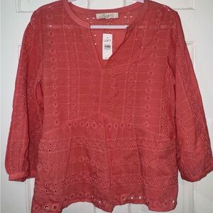 NWT LOFT Eyelet Coral Top Size S Long Sleeve Boho V-neck Shirt